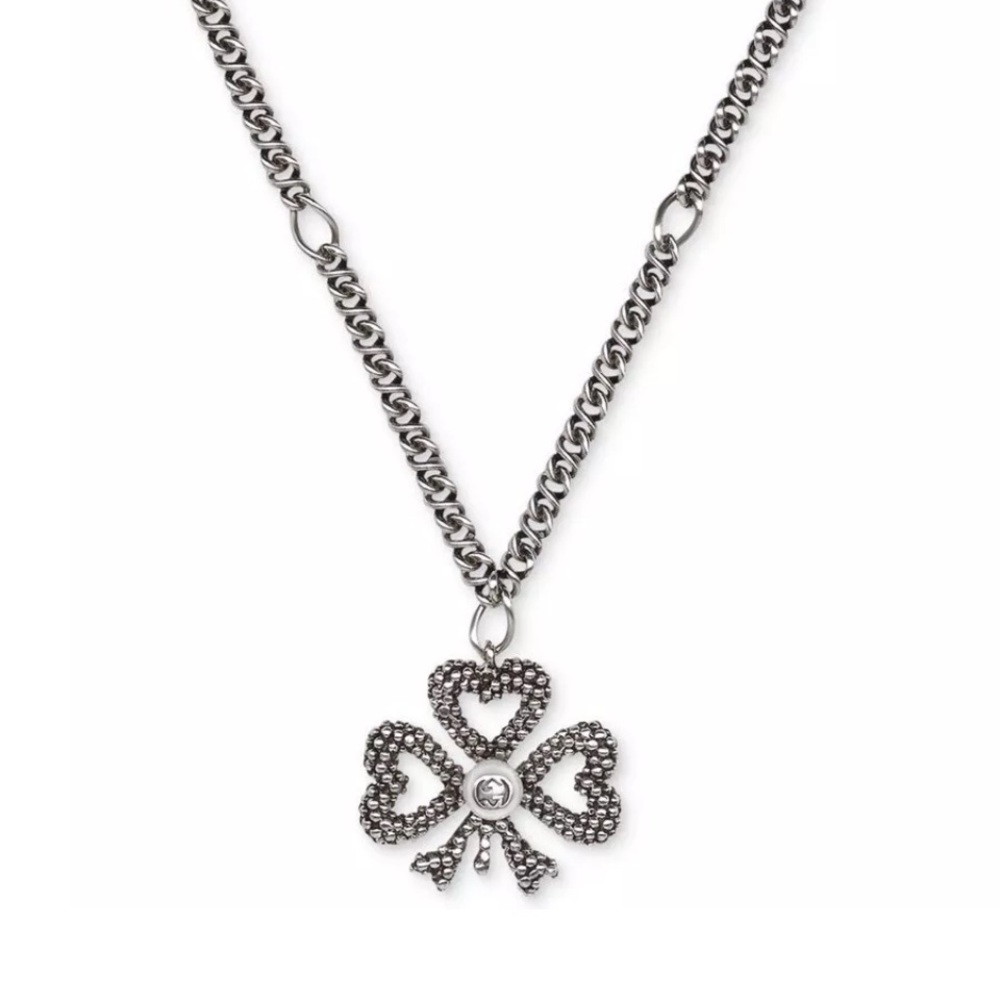 GUCCI NECKLACE AURECO BLACK FINISH STERLING SILVER FAUX PEARL CLOVER PENDANT NIB